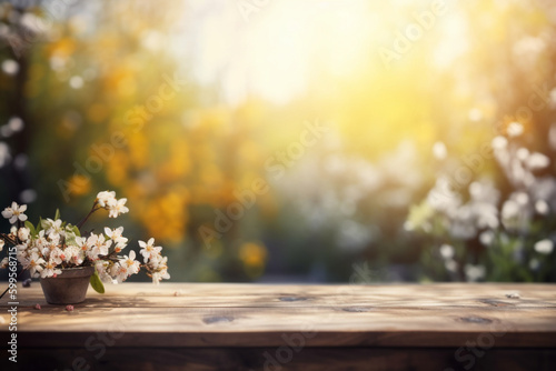 Empty wooden table with spring flowers and butterflies and sunny garden background with ai generated