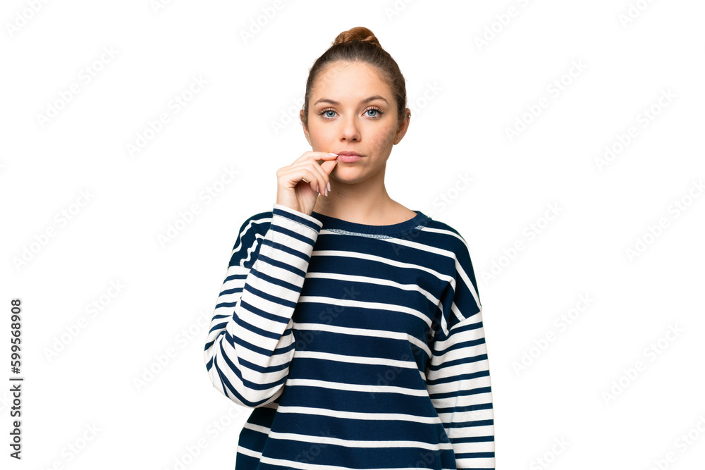 Young blonde woman over isolated chroma key background showing a sign of silence gesture