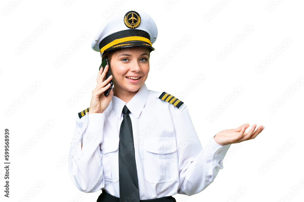 Airplane pilot woman over isolated chroma key background keeping a conversation with the mobile phone with someone Airplane pilot woman over isolated chroma key background keeping a conversation with the mobile phone with someone
