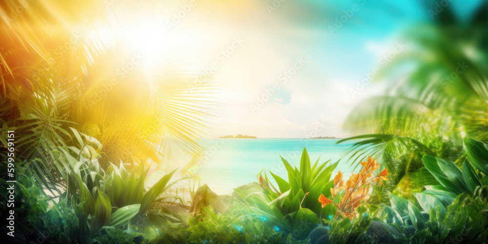 Blurred beautiful summer sea beach background. Green palm leaves on tropical beach with sun bokeh lights, abstract nature background. Generative ai illustration Blurred beautiful summer sea beach background. Green palm leaves on tropical beach with sun bokeh lights, abstract nature background. Generative ai illustration