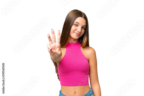 Teenager caucasian girl over isolated background happy and counting three with fingers © luismolinero