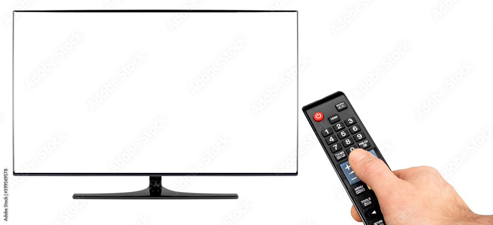 hand with remote and black flat tv screen computer monitor display panel with blank empty picture as design pattern. multimedia television isolated white background