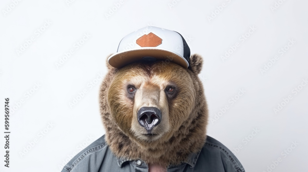 portrait of bear wearing hiphop hat - obrazy, fototapety, plakaty 