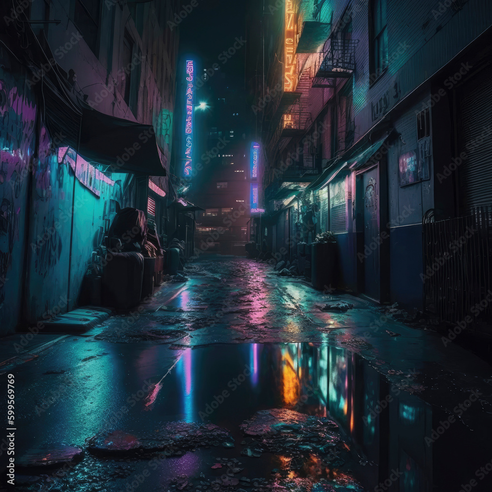 Neon Ai Works neon lights reflect off the surface of a wet cyberpunk laneway ...