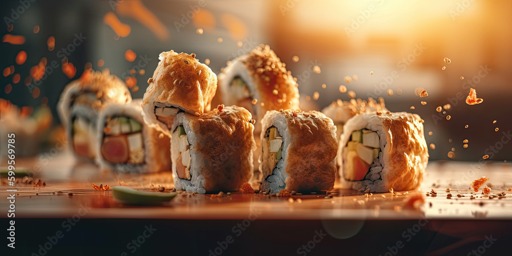 Sushi maki pieces flying in air created with Generative AI technology