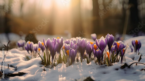 Crocus Blossoms On Melt Snow