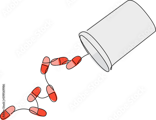 Opened medical pill box with falling pills continuous single line drawing. Capsule bottle minimalist drawn in one line art style. Vector illustration.