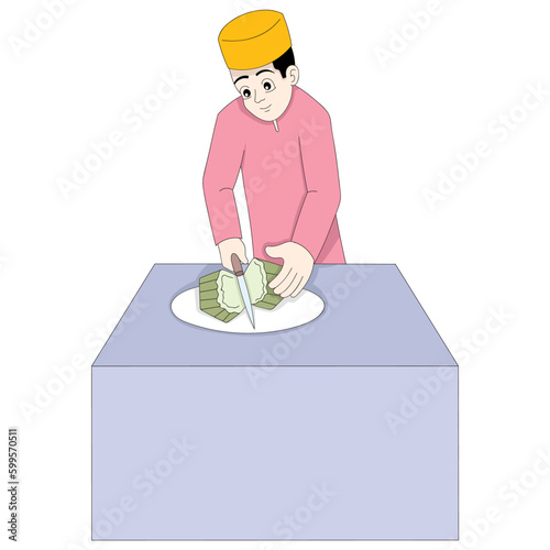Boy is slicing food for Islamic tradition event