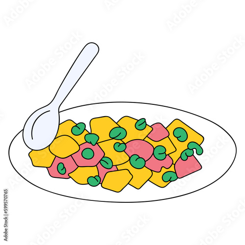 the main course menu of sautéed peas on a plate was delicious, vector design illustration art