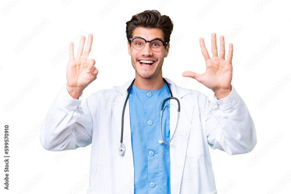 Young doctor man over isolated background counting eight with fingers Young doctor man over isolated background counting eight with fingers