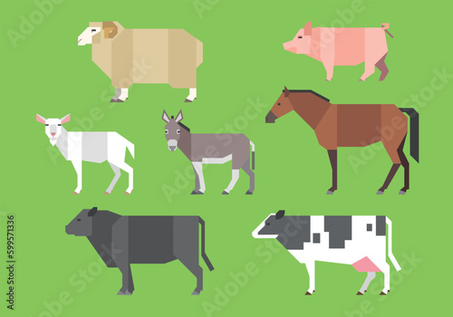 家畜イラストセット（ヒツジ、ブタ、ヤギ、ロバ、ウマ、ウシ）