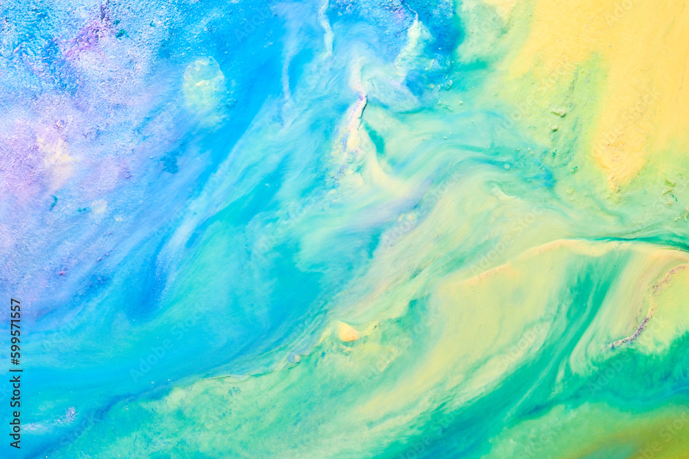 Abstract creative background liquid art, paint stains and blots, blue yellow alcohol ink, multicolored marble texture