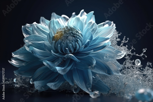 Abstract fantasy One kind of flower is broken ice blue crystal chrysanthemum,winter background, generative AI photo