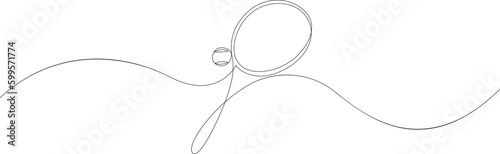 Continuous one line drawing of tennis sport theme with racket and ball. Sign and symbol of sports game drawn by single line.