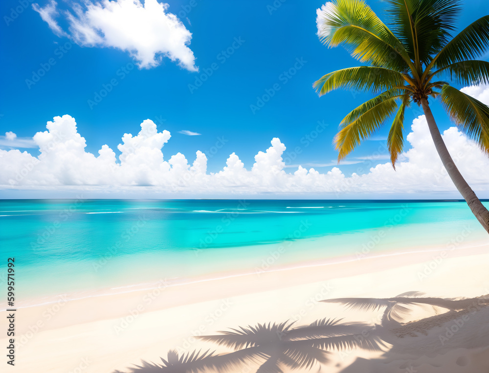 Beautiful beach with white sand, turquoise ocean, blue sky with clouds and palm tree over the water on a Sunny day, generative ai. Amazing nature, relax, freedom nature concept