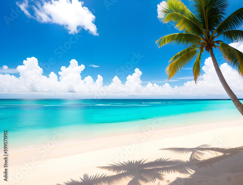 Beautiful beach with white sand, turquoise ocean, blue sky with clouds and palm tree over the water on a Sunny day, generative ai. Amazing nature, relax, freedom nature concept