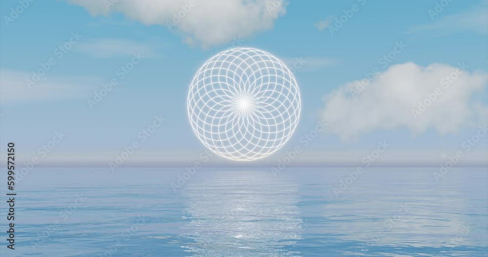 Flower of Life a powerful sacred symbol above the sea. Calming ocean waves enhance its harmony and balance. 3d Rendering concept of spirituality and meditation