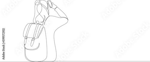 Back view of woman tourist with a backpack take a photo by smartphone continuous line drawing. Travel concept isolated on white background drawn by one single line. Vector illustration.