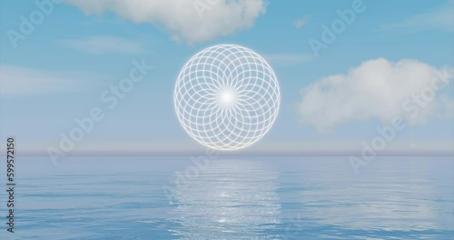 Flower of Life a powerful sacred symbol above the sea. Calming ocean waves enhance its harmony and balance. 3d Rendering concept of spirituality and meditation