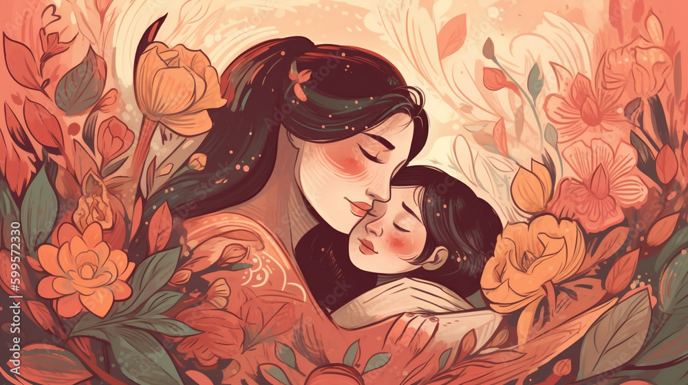 Mother's day illustrations. Tender moments between mothers and children. Mother with his children. Images generated by AI.