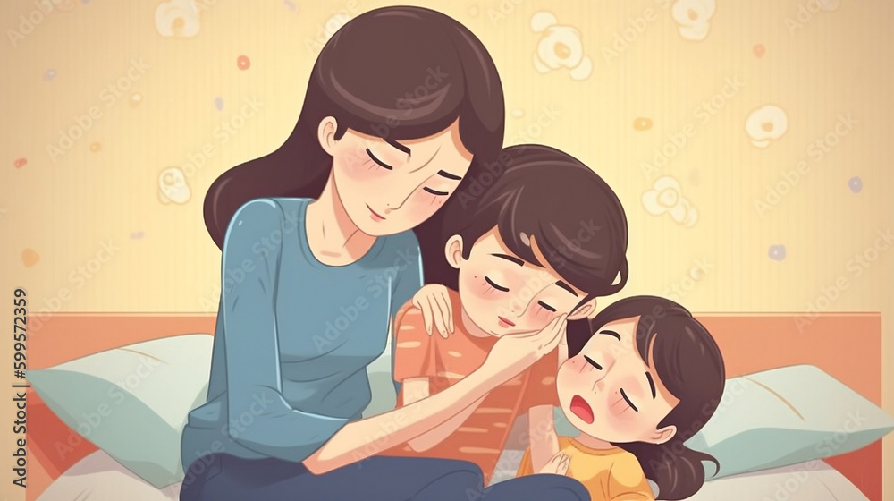 Obraz premium Mother's day illustrations. Tender moments between mothers and children. Mother with his children. Images generated by AI.