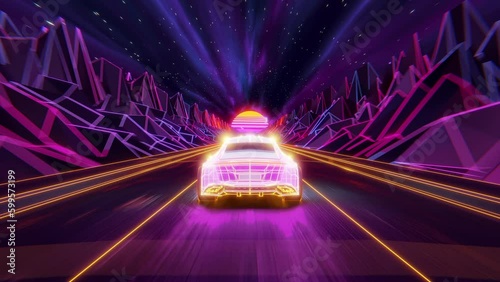 Cyber car drive on a vaporwave style road. Neon lights and synthwave aesthetics create a retro nostalgic atmosphere. 3d rendering concept related to video games, music videos, sci-fi, cyberpunk genres