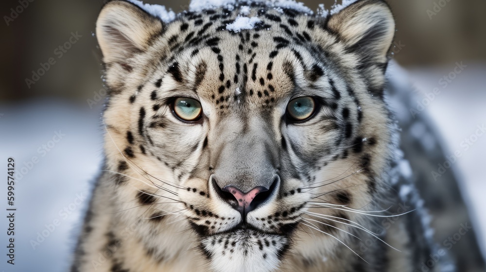 A close-up of a snow leopard with piercing eyes. Generative AI 