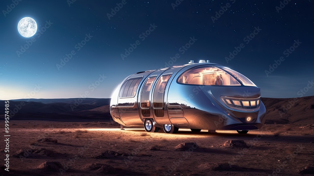 A futuristic silver hotel train exterior with a conceptual desgin. Generative AI 