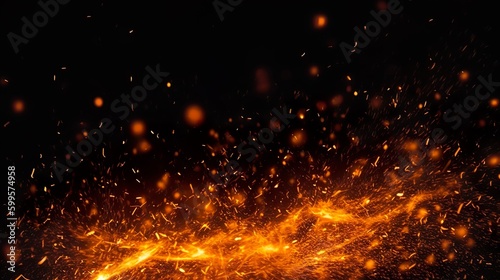 Perfekte Feuerpartikel, Glut, Funken auf schwarzem Hintergrund. Texturüberlagerungen, generative AI photo