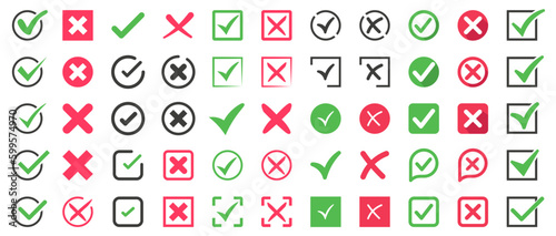 Set of green and red cross symbol. Approved and rejected icons