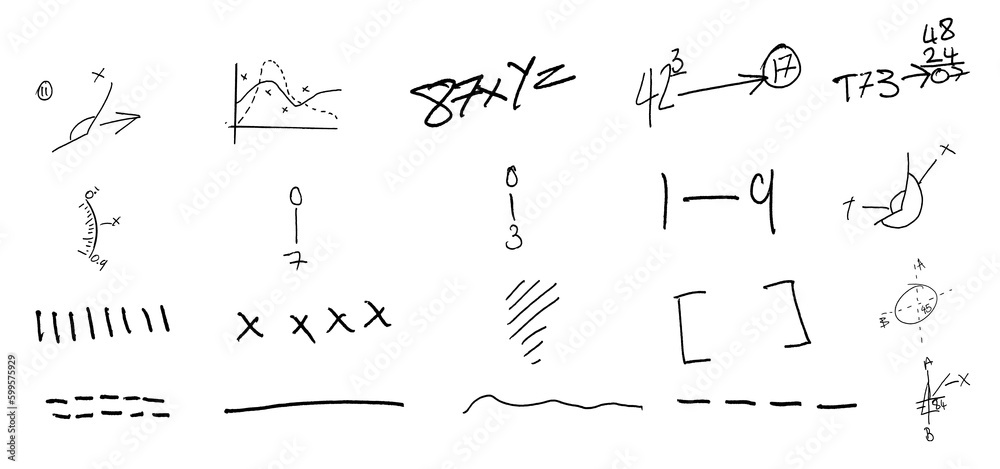 Set collection Freehand drawing school homework items on a sheet of exercise book. Back to School. On transparent background (PNG).