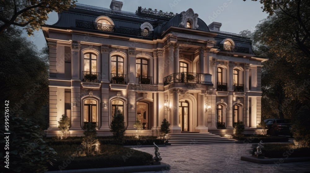A luxurious exterior of an old mansion. Generative AI 