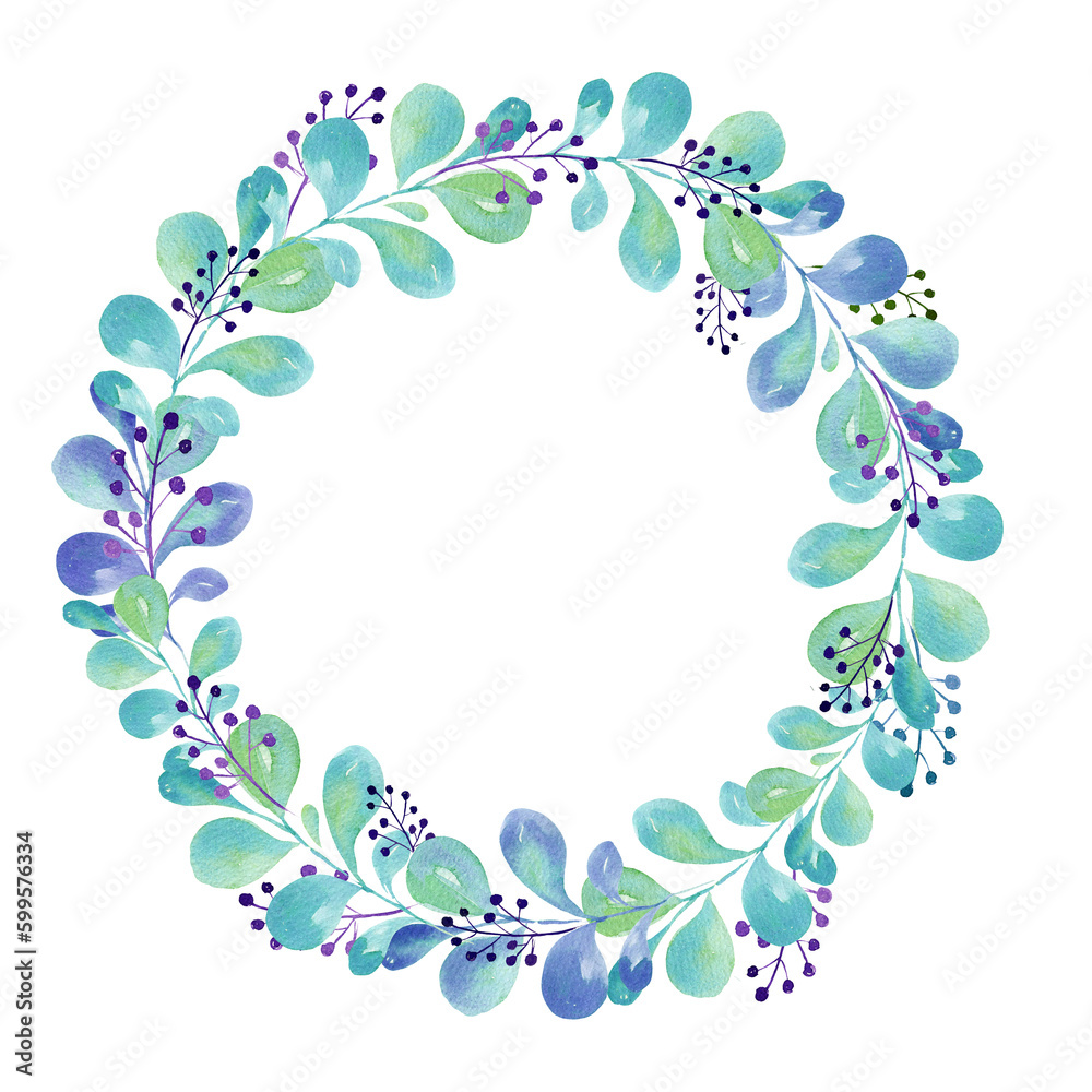 watercolor wreath with green and blue leaves, gradient in illustration, sketch, green and blue color, herbal ornament isolated on white background watercolor wreath with green and blue leaves, gradient in illustration, sketch, green and blue color, herbal ornament isolated on white background