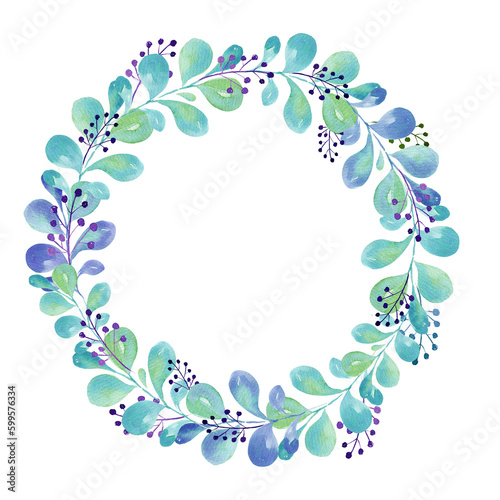 watercolor wreath with green and blue leaves, gradient in illustration, sketch, green and blue color, herbal ornament isolated on white background