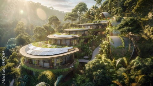 A panoramic view of a sustainable hotel with eco-friendly solars. Generative AI 