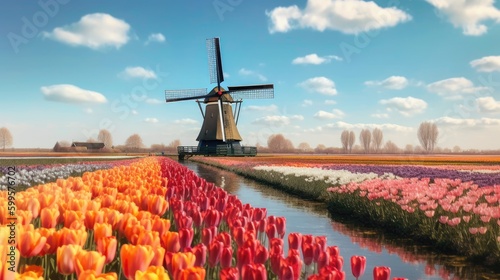 A windmill with colorful tulips field. Generative AI 