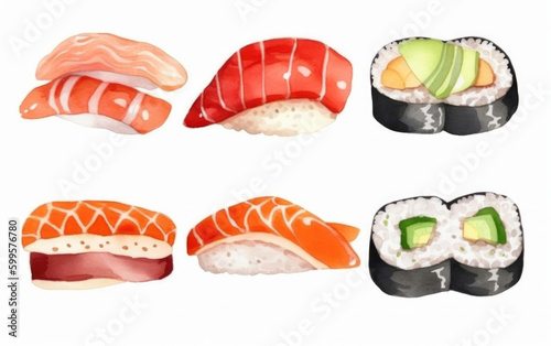 watercolor of sushi Nigiri, maki, created with Generative AI technology