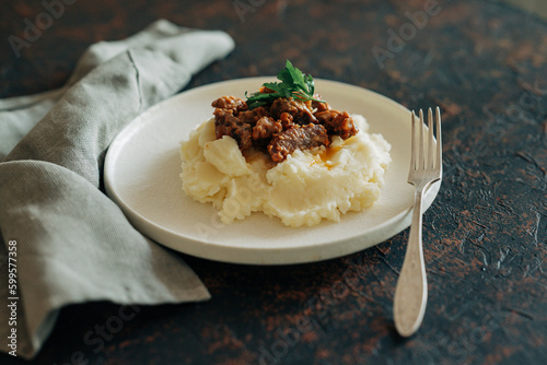 Tasty mashed potato with beef stroganoff hot dishes in lifestyle rustic style beautiful food image