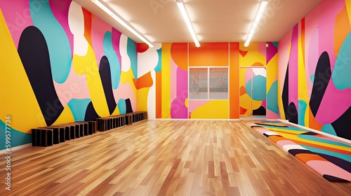 A beautiful colorful mural design on the wall of a vibrant dance studio. Generative AI