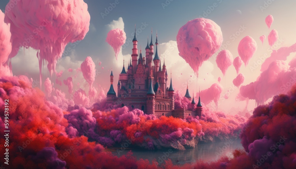 Photo a fairytale castle on a hill in the clouds pink fog envelops the ...