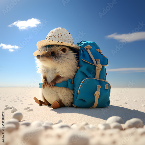 hedgehod with backpack on shoulder hat and sitting on white photo