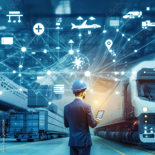 Logistics. International shipping. A man logistician with a tablet stands near trucks. Generative AI