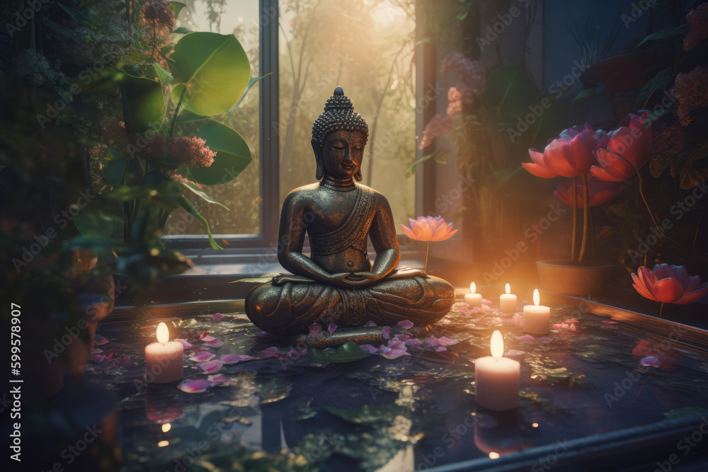 Buddha figurine, candles and lotus flowers on a table. Buddha Purnima, Vesak day background. Generative ai illustration