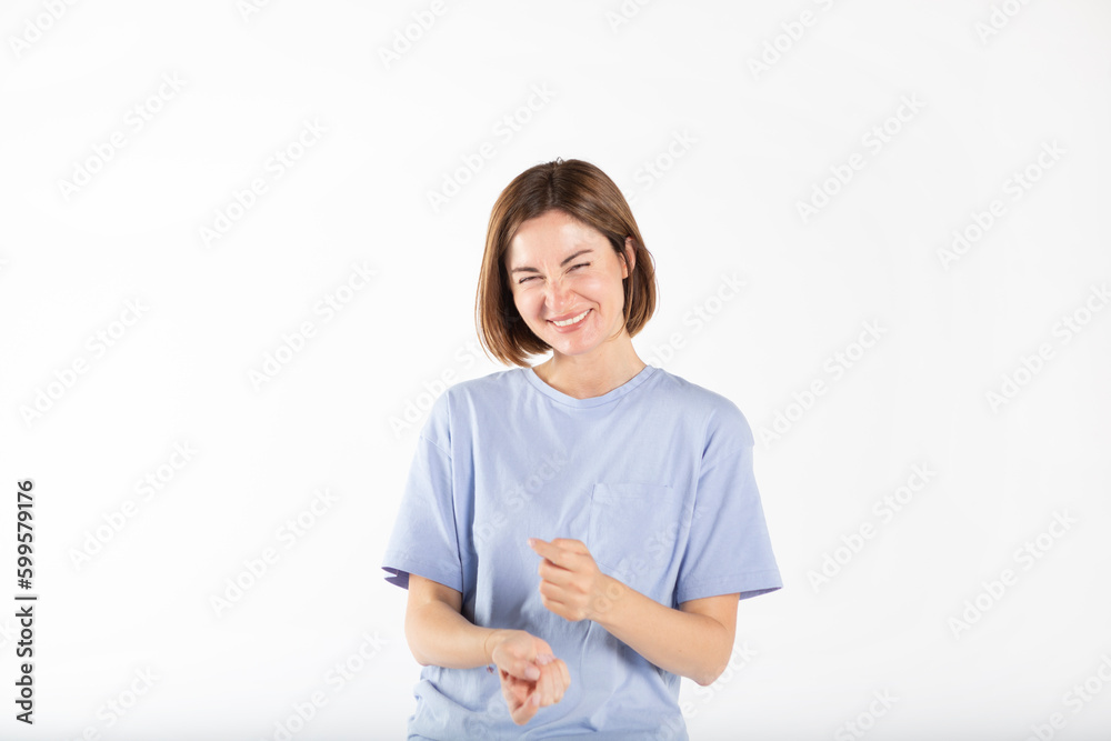 Close-up portrait of young beautiful cheerful woman isolated on white background Close-up portrait of young beautiful cheerful woman isolated on white background