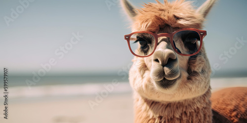 happy alpaca wearing sunglasses isolated on the beach Generative AI Technology