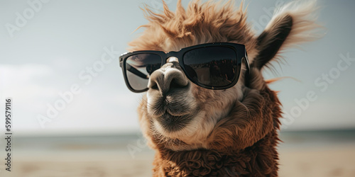 happy alpaca wearing sunglasses isolated on the beach Generative AI Technology photo