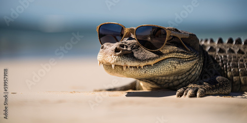 happy alligator wearing sunglasses on the beach created with Generative AI technology