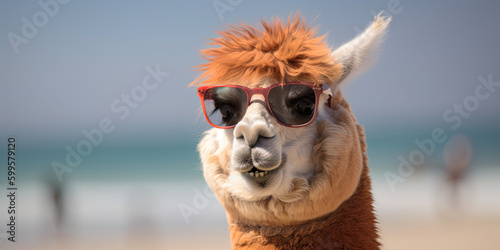 happy alpaca wearing sunglasses created with Generative AI technology © Poprock3d