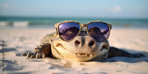 happy alligator wearing sunglasses on the beach created with Generative AI technology © Poprock3d
