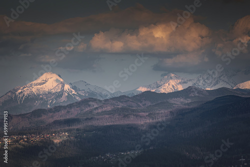 Tatra mountains covered with snow at sunset